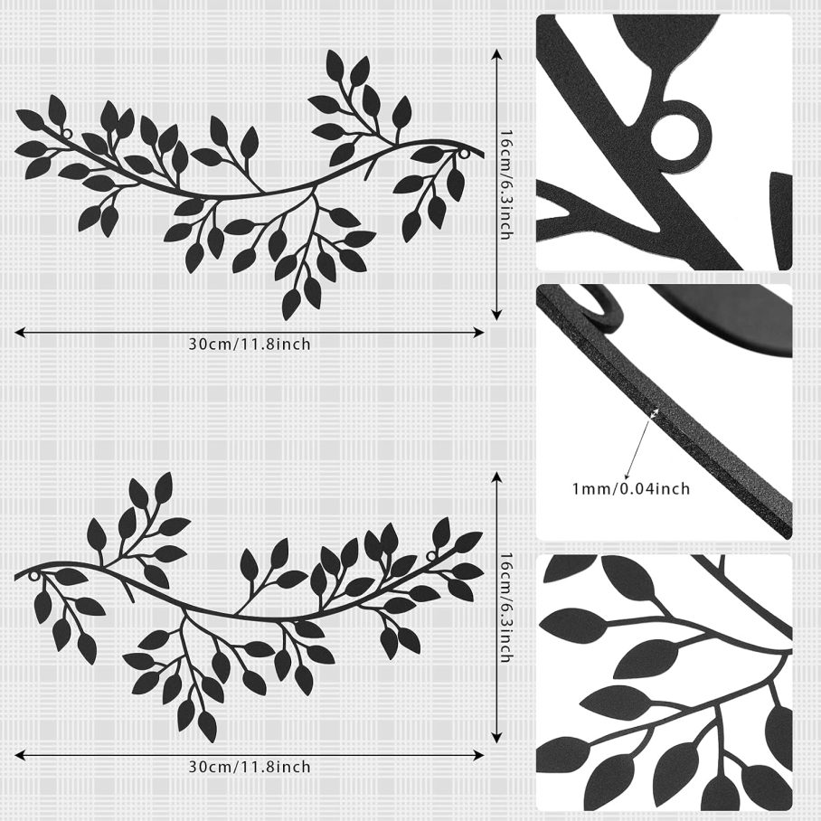 2 Pieces Metal Tree Leaf Wall Decor Vine Olive Branch Leaf Wall Art Wrought Iron Scroll Sculptures Above the Bed, Living Room, Outdoor Decoration (Black,Classic Style) - Image 2