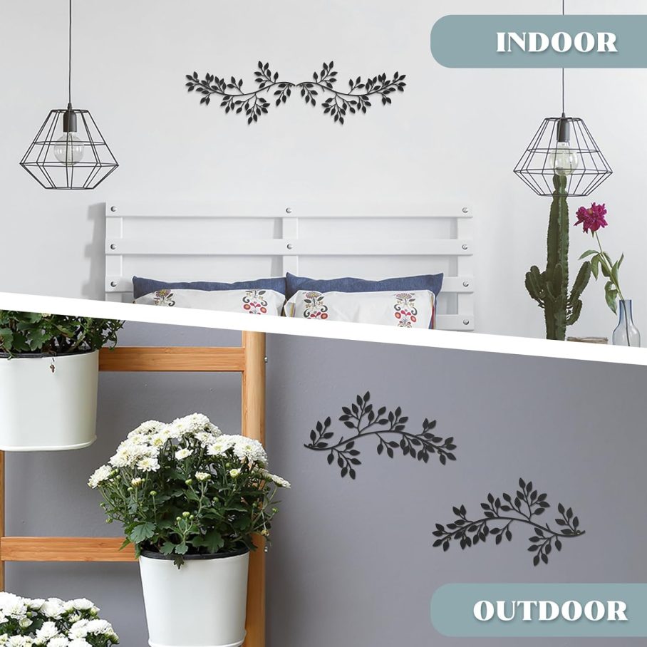 2 Pieces Metal Tree Leaf Wall Decor Vine Olive Branch Leaf Wall Art Wrought Iron Scroll Sculptures Above the Bed, Living Room, Outdoor Decoration (Black,Classic Style) - Image 3