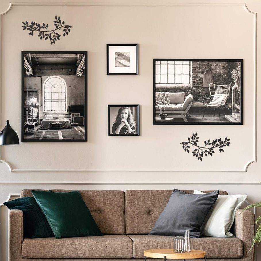 2 Pieces Metal Tree Leaf Wall Decor Vine Olive Branch Leaf Wall Art Wrought Iron Scroll Sculptures Above the Bed, Living Room, Outdoor Decoration (Black,Classic Style) - Image 4