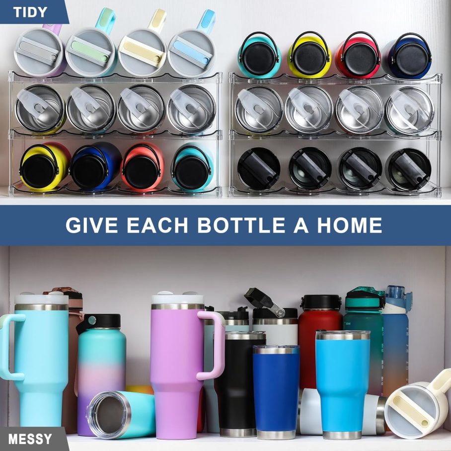 3 Tier Stackable Water Bottle Organizer Holder for Cabinet - for Stanley 40 oz & Others' Large Cup, Tumbler Organization - Clear Wine Rack, Home Kitchen Countertop Fridge Pantry Shelf Storage, Hold 12 - Image 5