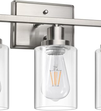 Ascher Bathroom Vanity Light Fixtures, 3 Light Wall Sconces Lighting with Clear Glass Shade, Brushed Nickel Wall Lights for Mirror, Kitchen, Living Room, Gallery, E26 Base (Bulbs Not Included)