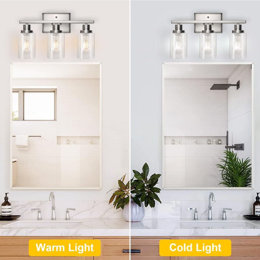 Ascher Bathroom Vanity Light Fixtures, 3 Light Wall Sconces Lighting with Clear Glass Shade, Brushed Nickel Wall Lights for Mirror, Kitchen, Living Room, Gallery, E26 Base (Bulbs Not Included) - Image 6