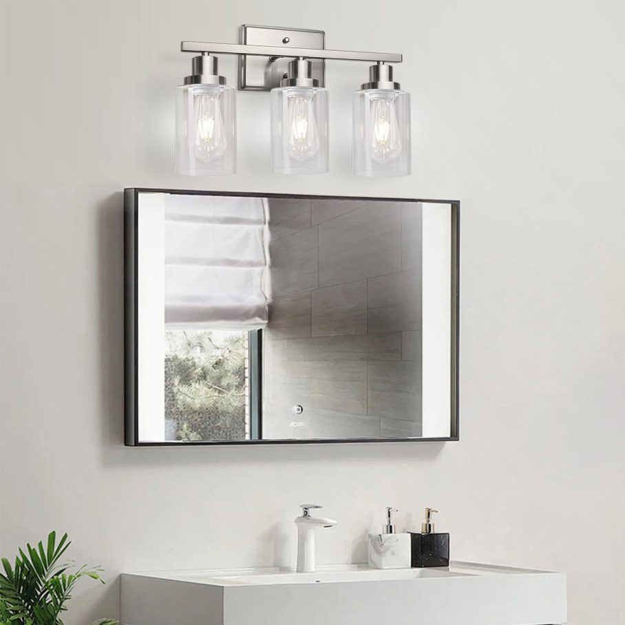 Ascher Bathroom Vanity Light Fixtures, 3 Light Wall Sconces Lighting with Clear Glass Shade, Brushed Nickel Wall Lights for Mirror, Kitchen, Living Room, Gallery, E26 Base (Bulbs Not Included) - Image 9