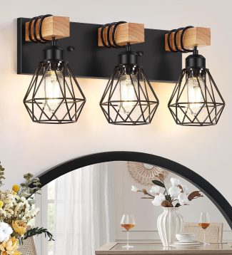 FadimiKoo 3-Light Farmhouse Bathroom Vanity Light Fixtures, Wood Bathroom Lighting Over Mirror, Black Vanity Lights with Metal Lampshade, Vintage Wall Light Fixtures for Bedroom, Living Room, Hallway