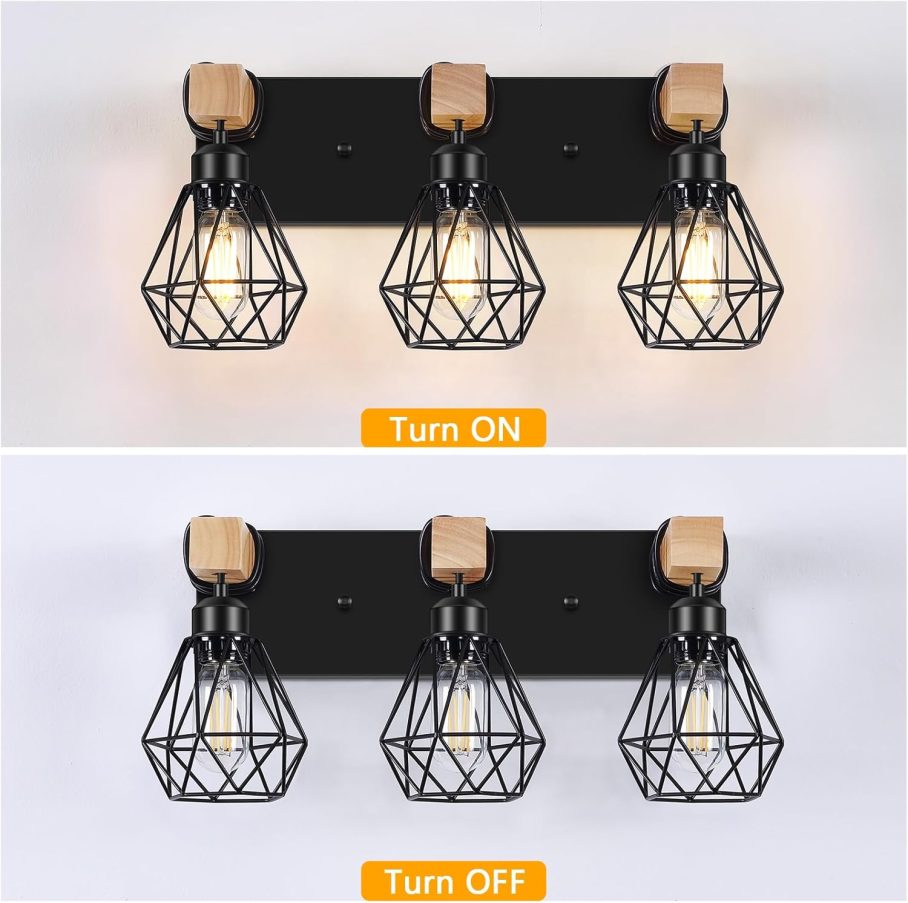 FadimiKoo 3-Light Farmhouse Bathroom Vanity Light Fixtures, Wood Bathroom Lighting Over Mirror, Black Vanity Lights with Metal Lampshade, Vintage Wall Light Fixtures for Bedroom, Living Room, Hallway - Image 4
