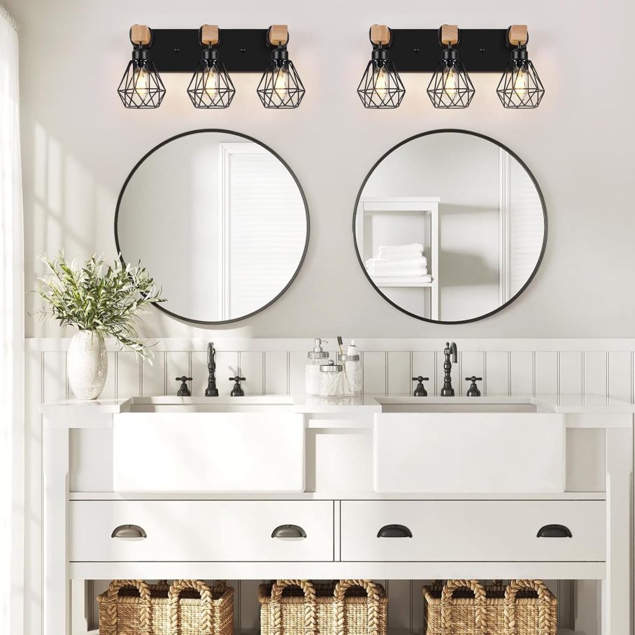 FadimiKoo 3-Light Farmhouse Bathroom Vanity Light Fixtures, Wood Bathroom Lighting Over Mirror, Black Vanity Lights with Metal Lampshade, Vintage Wall Light Fixtures for Bedroom, Living Room, Hallway - Image 5