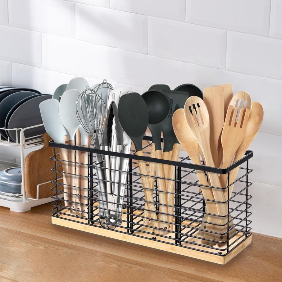 Suli Extra Large Kitchen Utensil Holder with 4 Compartments，Matte Black Metal holder with Wooden Base for Kitchen Countertop，Farmhouse Cooking Utensil Storage, Rustic Cooking Utensil - Image 7