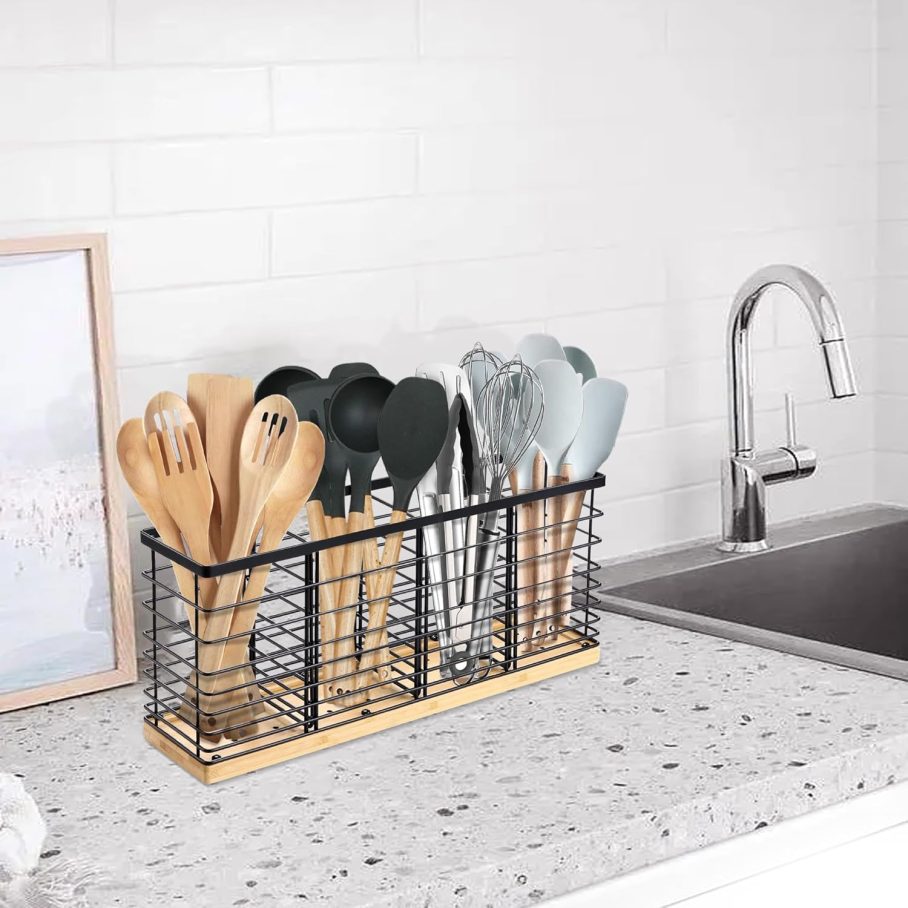 Suli Extra Large Kitchen Utensil Holder with 4 Compartments，Matte Black Metal holder with Wooden Base for Kitchen Countertop，Farmhouse Cooking Utensil Storage, Rustic Cooking Utensil - Image 9