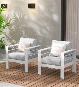 Wisteria Lane 2 Pieces Patio Furniture Aluminum Armchair, All-Weather Outdoor Single Sofa, White Metal Chair with Light Grey Cushions
