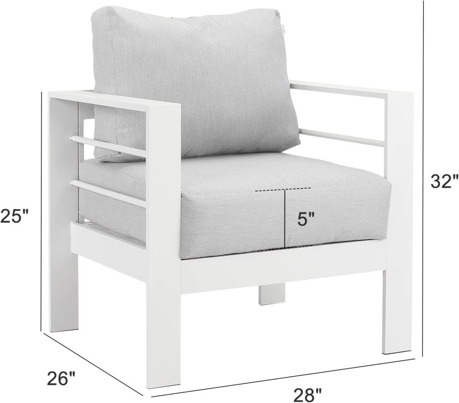 Wisteria Lane 2 Pieces Patio Furniture Aluminum Armchair, All-Weather Outdoor Single Sofa, White Metal Chair with Light Grey Cushions - Image 2