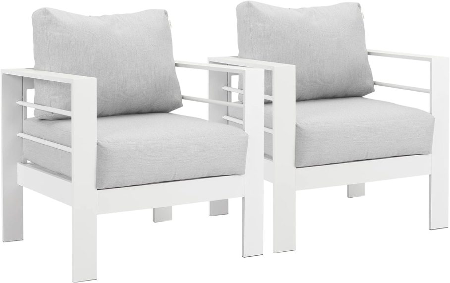 Wisteria Lane 2 Pieces Patio Furniture Aluminum Armchair, All-Weather Outdoor Single Sofa, White Metal Chair with Light Grey Cushions - Image 3