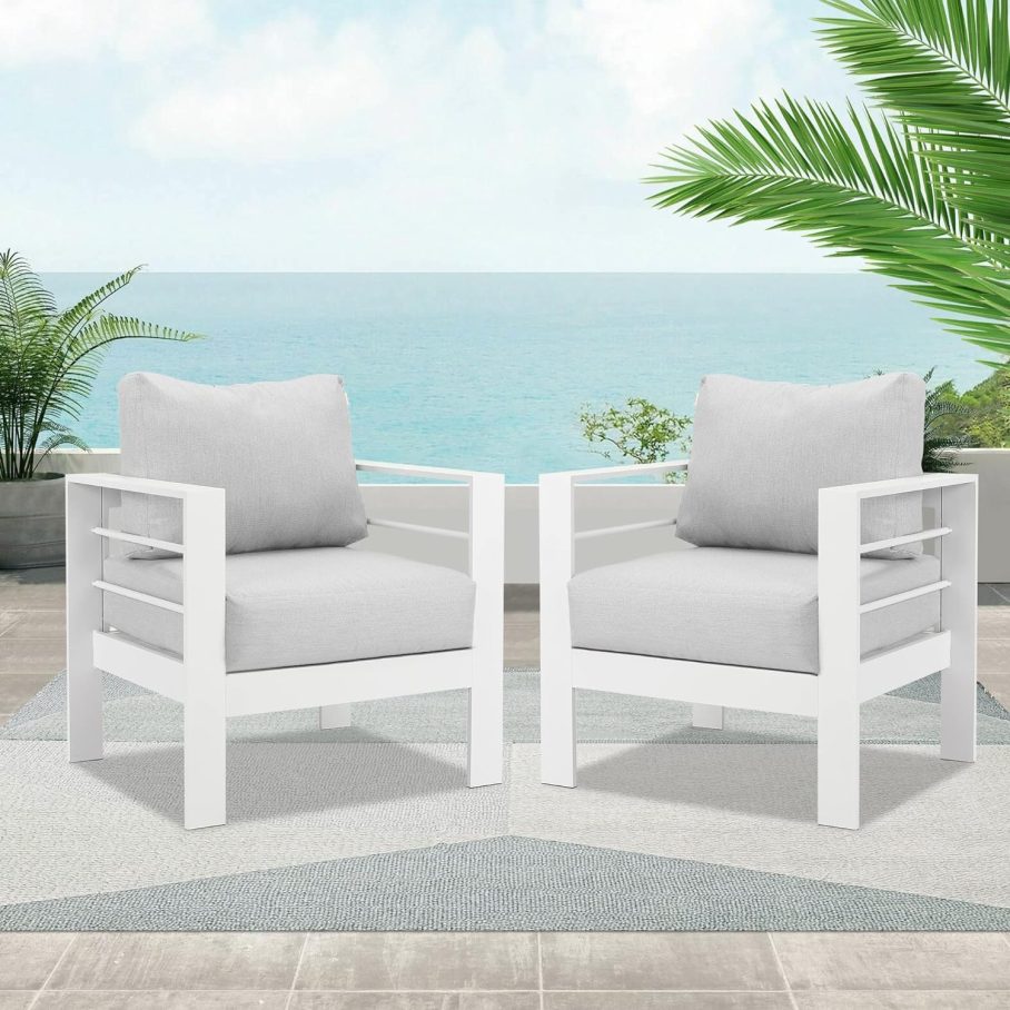 Wisteria Lane 2 Pieces Patio Furniture Aluminum Armchair, All-Weather Outdoor Single Sofa, White Metal Chair with Light Grey Cushions - Image 8
