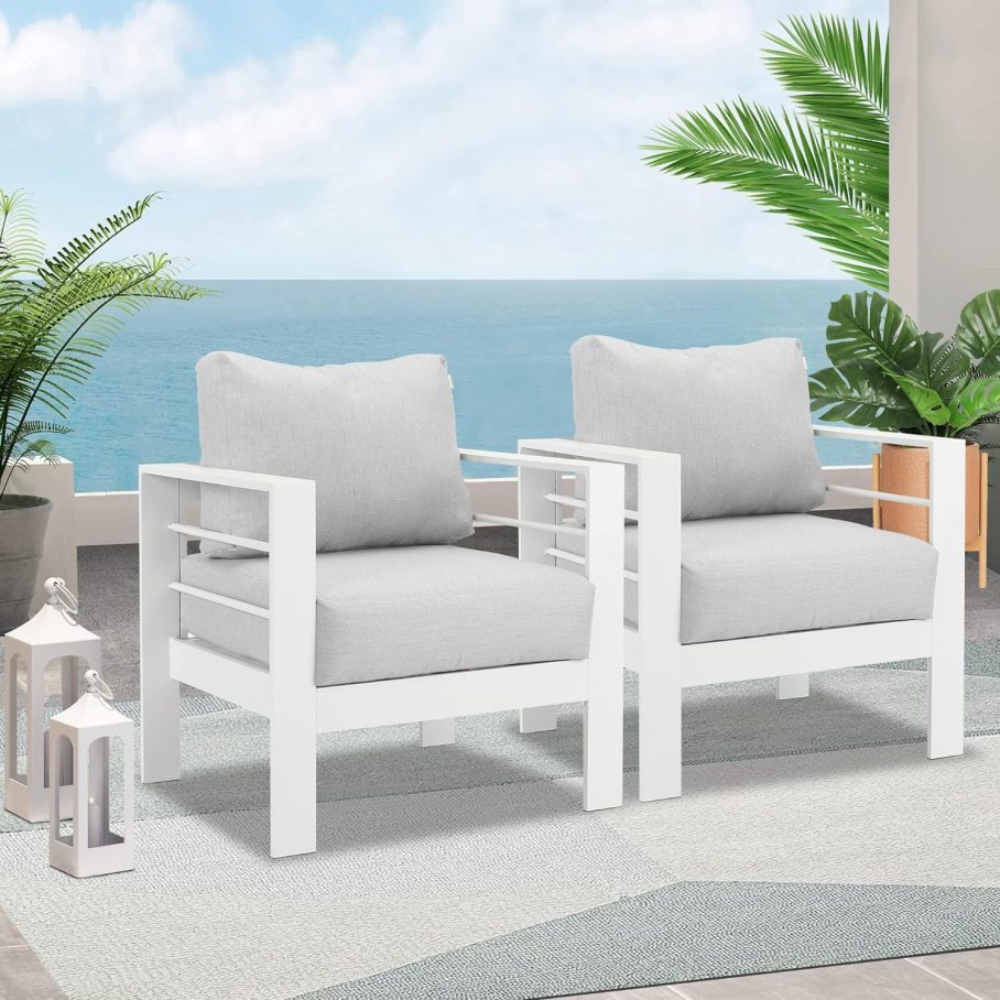 Wisteria Lane 2 Pieces Patio Furniture Aluminum Armchair, All-Weather Outdoor Single Sofa, White Metal Chair with Light Grey Cushions - Image 9